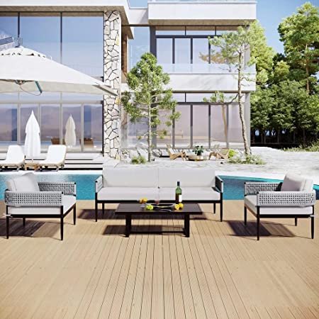 Devoko 4 Seater Conversation Sofa Set: Stylish Rope Furniture with Cushions and Center Table (Grey/White)