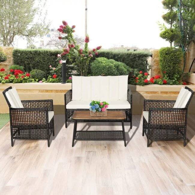 DEVOKO 4PCS Wicker Patio Furniture Set (Dark Brown & Off-white)