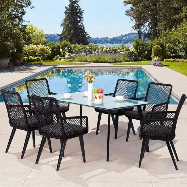 7PCS DEVOKO Rope Patio Dining Set with Cushions Table Top: Without glass
