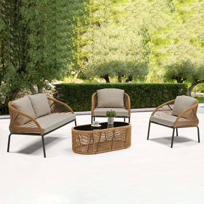 DEVOKO Outdoor Conversation Sofa Set with Cushions and Center Table (Beige & Cream)