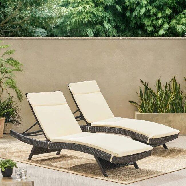 DEVOKO 2-Piece Outdoor Lounge Chair Set with Thick Cushions - Dark Brown Rattan/Cream Cushions
