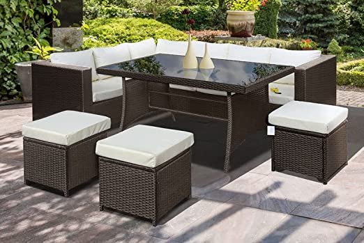 DEVOKO L-Shaped Patio Furniture Set with Dining Table and Chairs(Dark Brown & White)