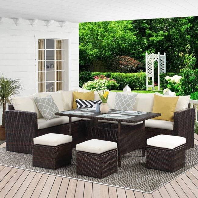 6PCS L Shape Patio Rattan Dining Set with Cushioned Chairs and Ottoman + Wood Table Top