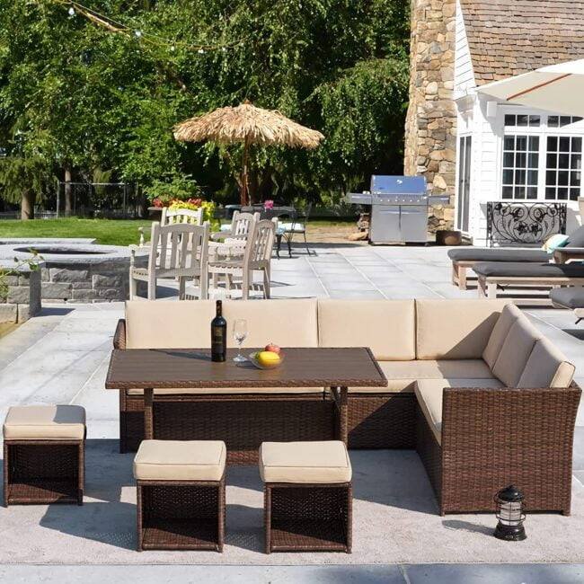 Devoko 6-Piece L-Shaped Rattan Patio Dining Set - Dark Brown/Cream