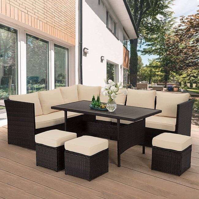 DEVOKO 6-pcs Wicker Sofa Dining Set - Dark Brown/Cream