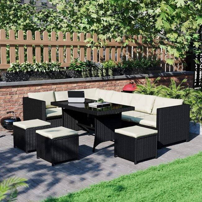 6-Piece Outdoor Wicker Patio Dining Set - Black/Cream