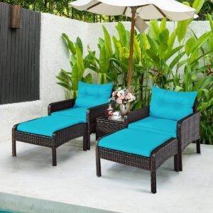 Devoko 5-Piece Wicker Patio Furniture Set with Ottomans & Coffee Table (Dark Brown/Sky Blue)