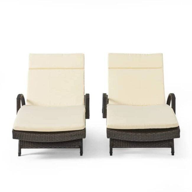 DEVOKO Rattan Sun Lounger Set - Dark Brown/Cream, Adjustable Backrest, Cushion - Beach, Lawn, Patio Relaxation - Image 6