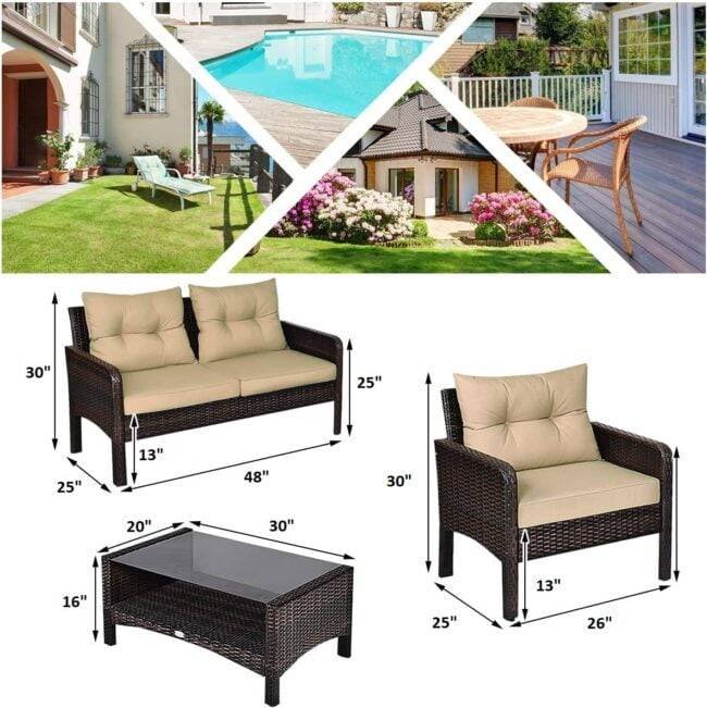 DEVOKO 4pc Outdoor Rattan Wicker Patio Set (Dark Brown & Cream) - Image 2