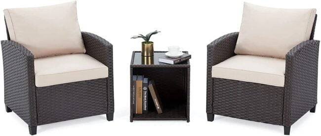 DEVOKO 3PCS Rattan Conversation Set (Dark Brown & Cream) - Image 4
