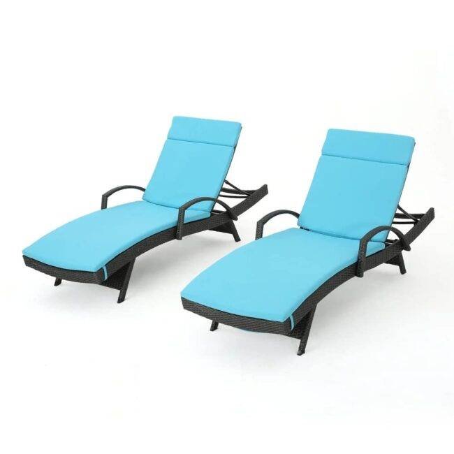 Devoko Rattan Sun Lounger Set - 2 Chairs, Dark Brown & Sky-blue - Image 6
