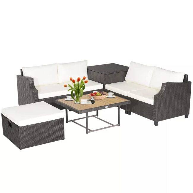 DEVOKO 5 Piece Wicker Patio Furniture Set (Dark Brown/Off-White) - Image 5