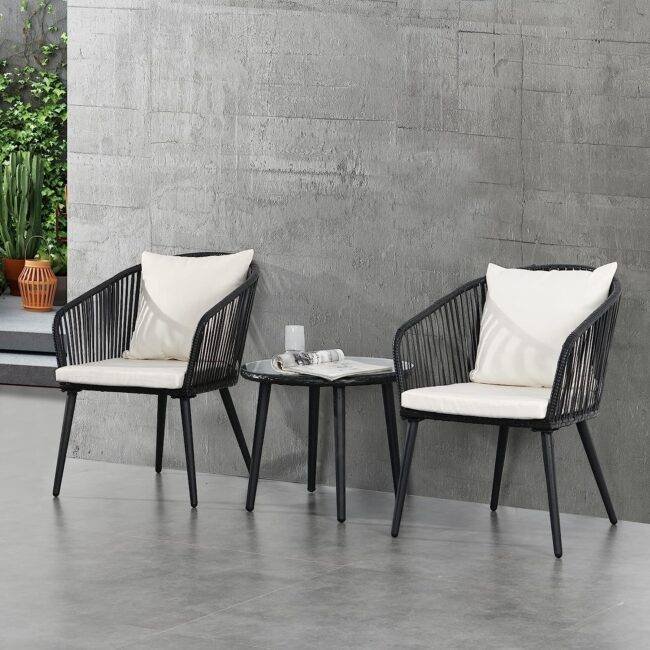 Devoko 3 Piece Patio Wicker Set – Black/Off-white – Terrace/Garden - Image 3