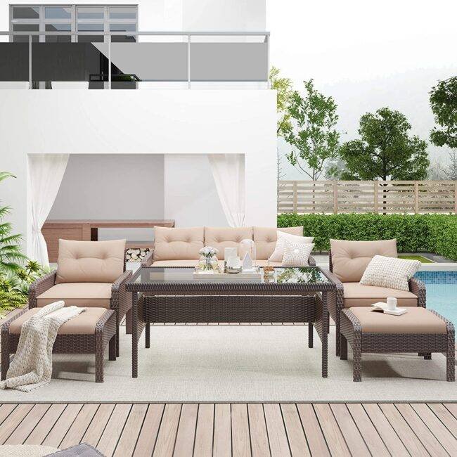 7-Seater Outdoor Sofa Set (Dark Brown/Cream) - Image 6