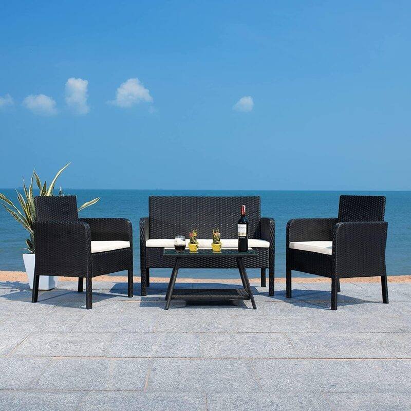 4 Piece Patio Furniture All Weather Outdoor Sectional Sofa Set (Black and White) - Image 2