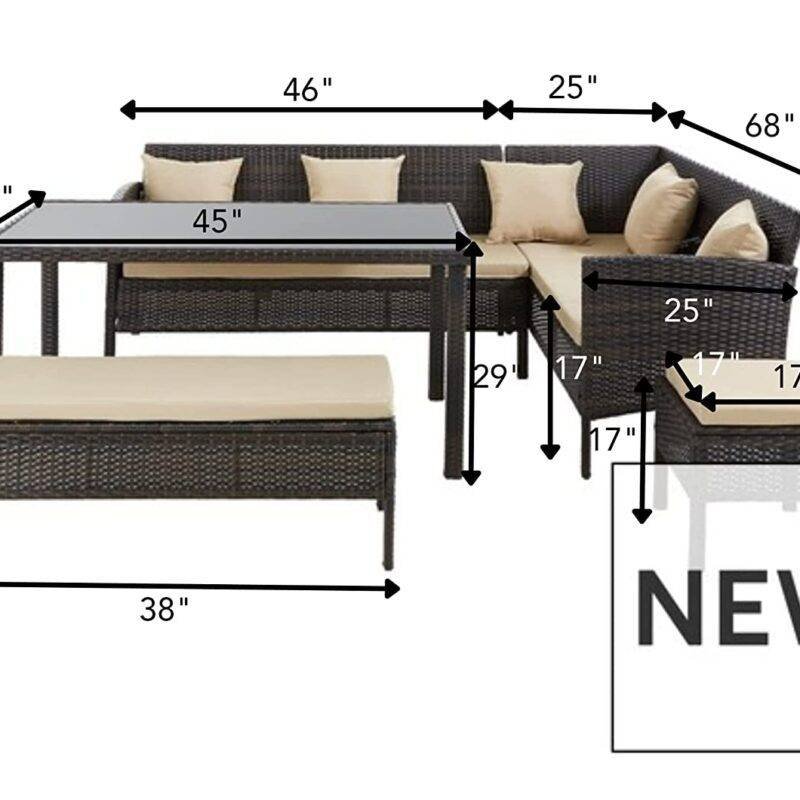 DEVOKO Outdoor Patio Furniture Set with Dining Table, Chairs, and Ottoman (Dark Brown & Cream) - Image 2