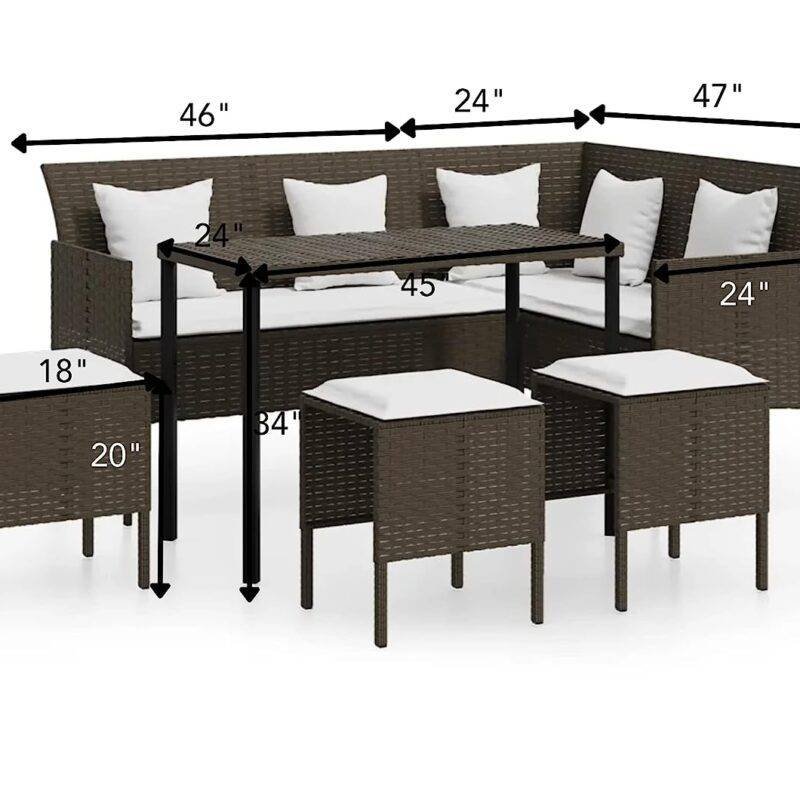 DEVOKO 6-Piece Patio Furniture Set with Dining Table - Dark Brown Rattan/White Cushions - Image 2