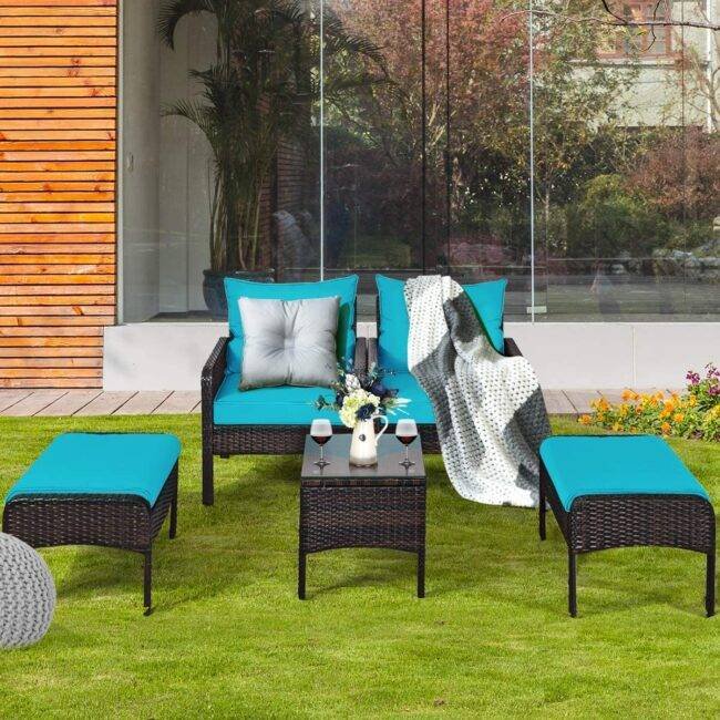 Devoko 5-Piece Wicker Patio Furniture Set with Ottomans & Coffee Table (Dark Brown/Sky Blue) - Image 4