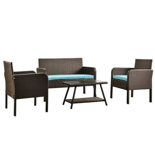 DEVOKO 4PCS Patio Wicker Furniture Set (Dark Brown & Sky-blue) - Image 3