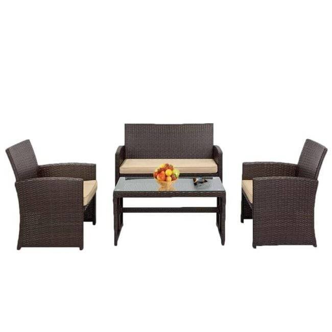 4-Piece Dark Brown Rattan Patio Furniture Set With Cream Cushion - Image 3