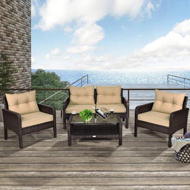 DEVOKO 4pc Outdoor Rattan Wicker Patio Set (Dark Brown & Cream) - Image 3