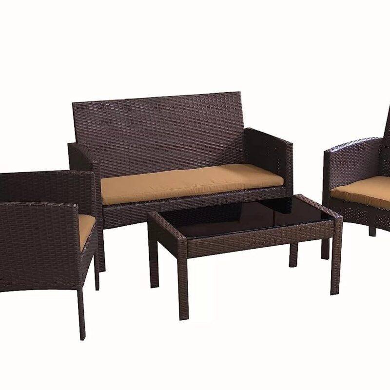 4-Piece Outdoor Wicker Sofa Set with Center Table - Dark Brown/Cream - Image 3