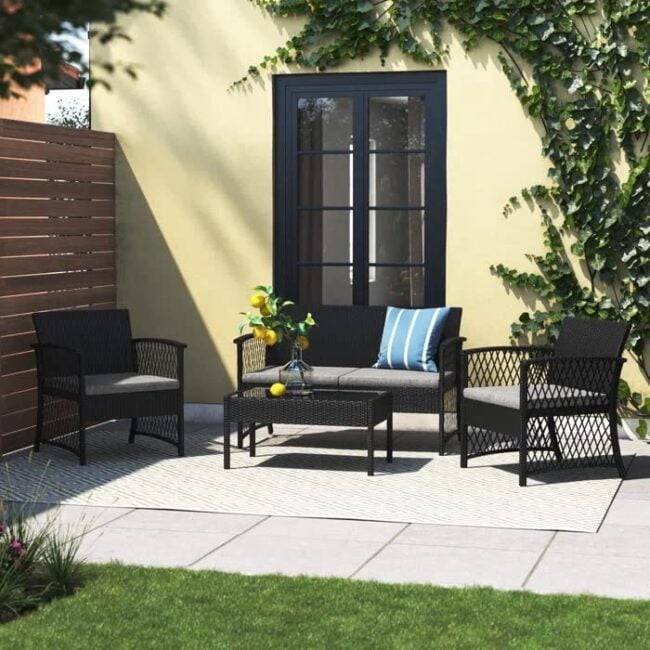 DEVOKO Rattan Patio Furniture Set: Loveseat, 2 Chairs, Table (Black/Grey) - Image 3