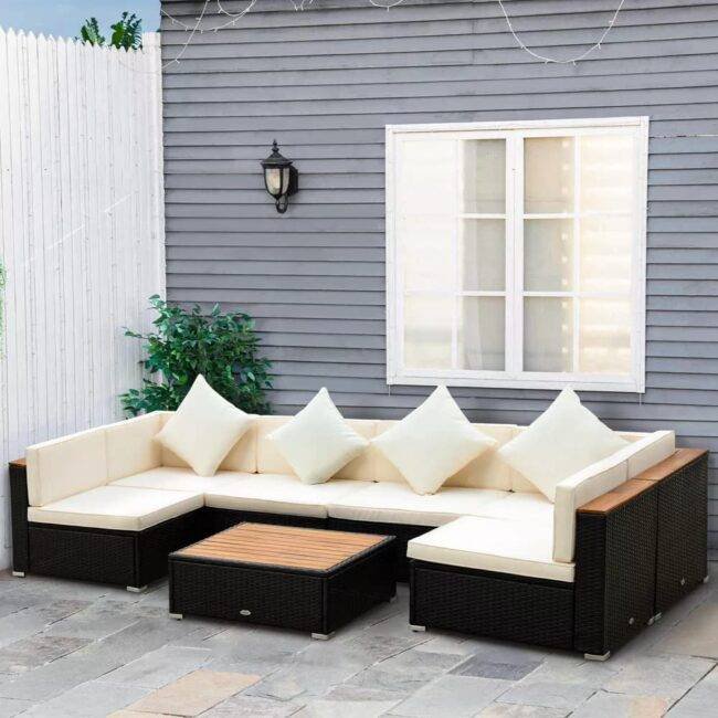 DEVOKO 6-Seater Outdoor Wicker Sectional Sofa Set (Black/Cream) - Image 4