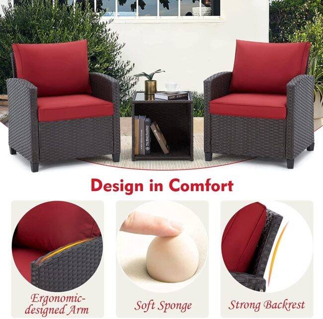 DEVOKO 3PCS Rattan Conversation Set (Dark Brown & Red) - Image 3