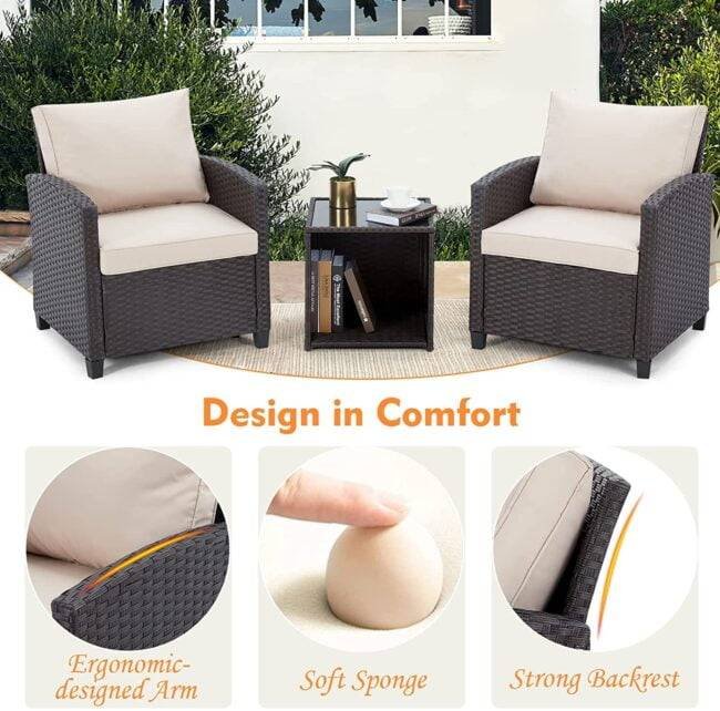 DEVOKO 3PCS Rattan Conversation Set (Dark Brown & Cream) - Image 3