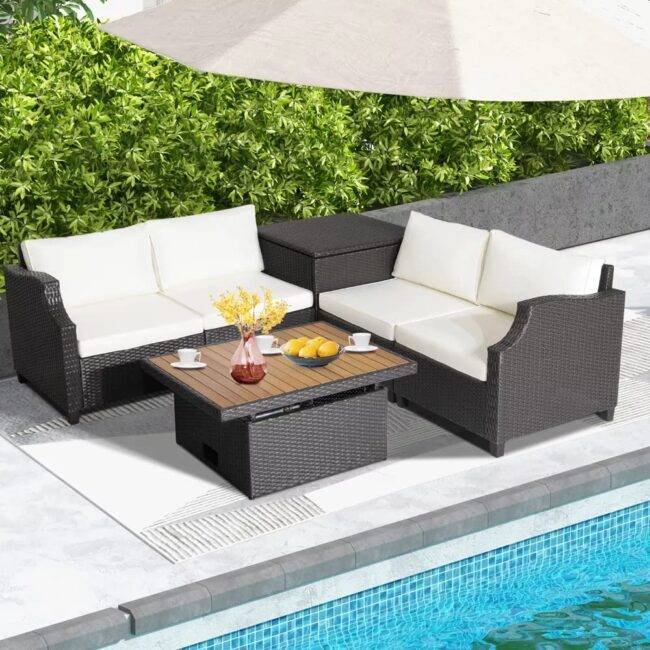 DEVOKO 5 Piece Wicker Patio Furniture Set (Dark Brown/Off-White) - Image 3