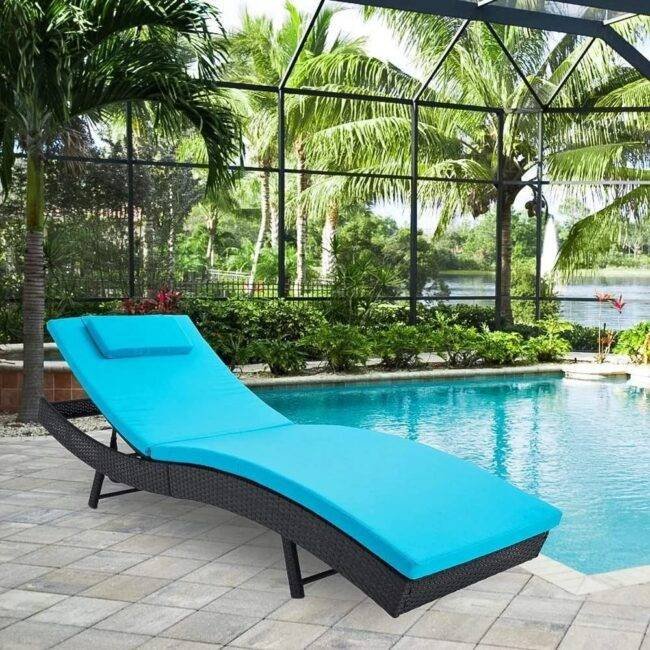 DEVOKO Waterproof Wicker Sun Lounger Sofa in Black & Sky-blue - Image 3