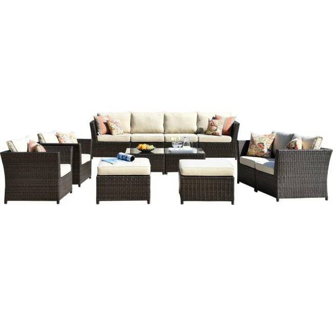 DEVOKO Outdoor Wicker Sectional Set (Dark Brown/Cream) - Image 3