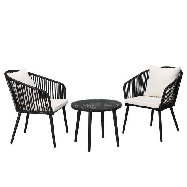 Devoko 3 Piece Patio Wicker Set – Black/Off-white – Terrace/Garden - Image 4