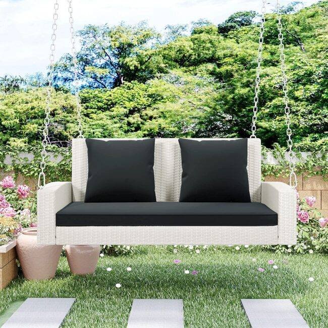 Rattan Wicker Two Seater Swing (White & Black) - Image 4