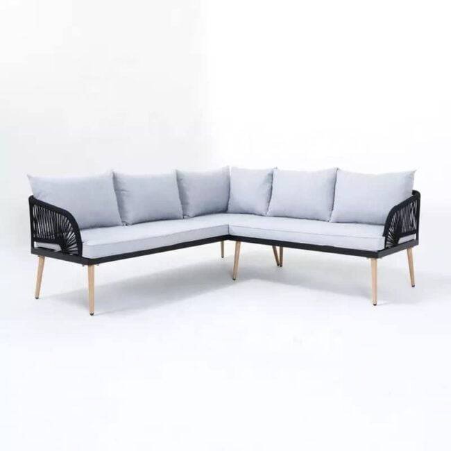 DEVOKO L-Shaped Outdoor Conversation Sofa Set with Rope Woven Design, Cushions, and Side Table (Black/White) - Image 3
