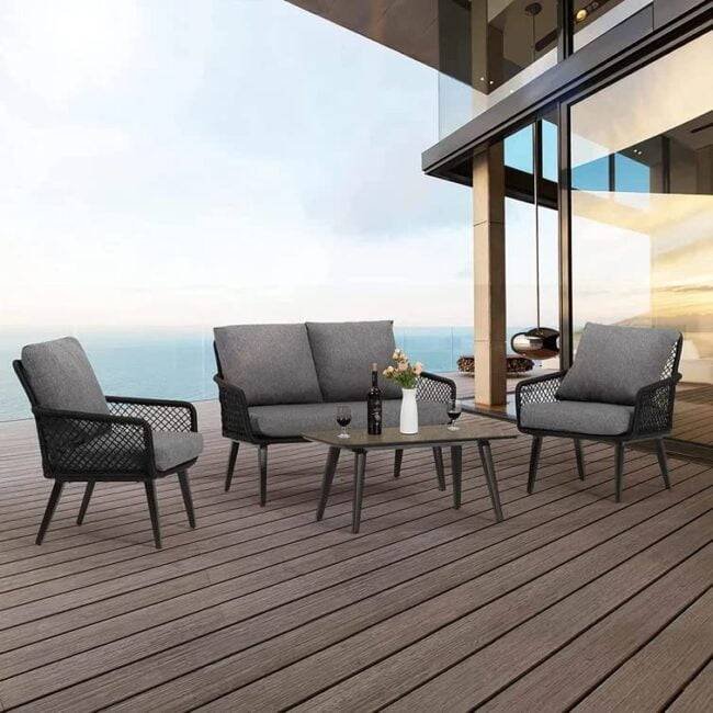 DEVOKO 4-Seater Outdoor/Indoor Sofa Set with Center Table & Cushion Chairs (Black/Grey) - Image 4