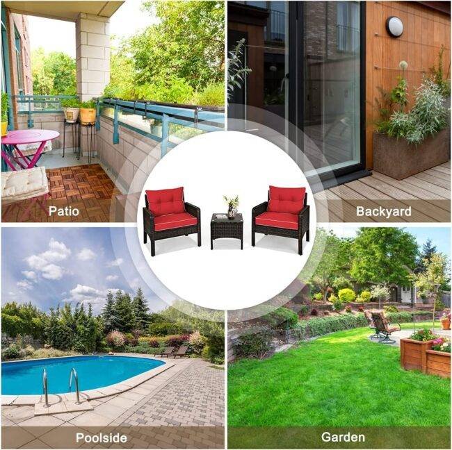 3-Piece Rattan Wicker Patio Furniture Set - Dark Brown/Red - Image 4