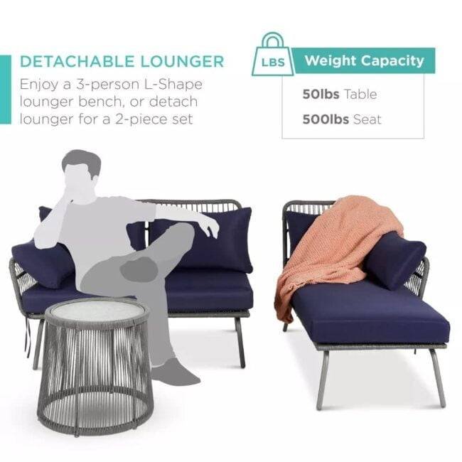 DEVOKO L-Shaped Outdoor Sofa Set with Rope Woven Design - Grey & Navy-blue - Image 4