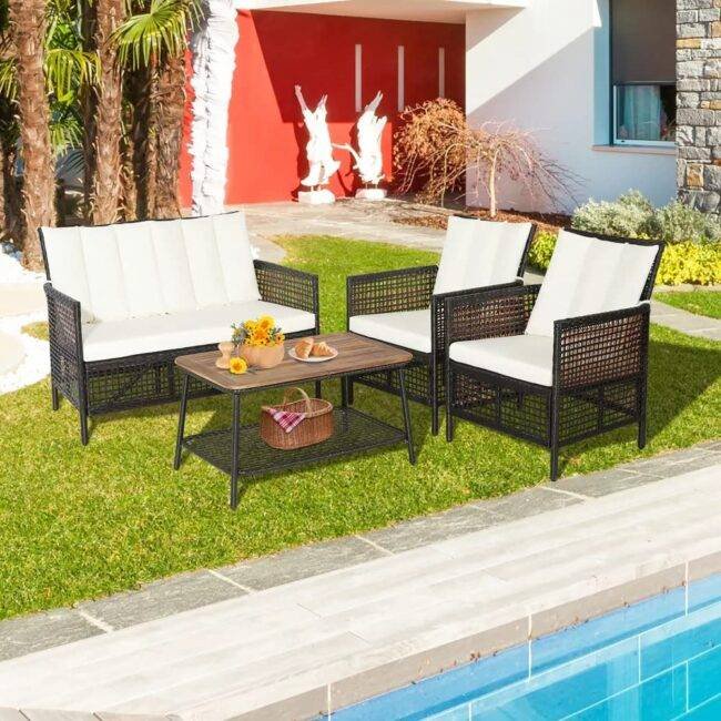 DEVOKO 4PCS Wicker Patio Furniture Set (Dark Brown & Off-white) - Image 4
