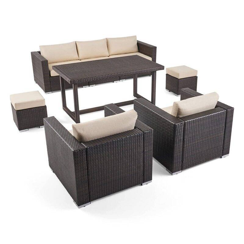 6-Piece Outdoor Patio Dining Set with Table and Chairs (Dark Brown/Cream) - Image 3