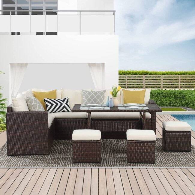 6PCS L Shape Patio Rattan Dining Set with Cushioned Chairs and Ottoman + Wood Table Top - Image 4