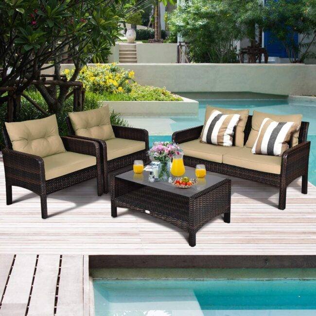 DEVOKO 4pc Outdoor Rattan Wicker Patio Set (Dark Brown & Cream) - Image 4