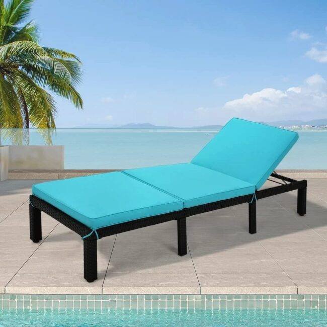 DEVOKO Double Chaise Lounge with Waterproof Cushions - Dark Brown/Sky Blue - Image 4