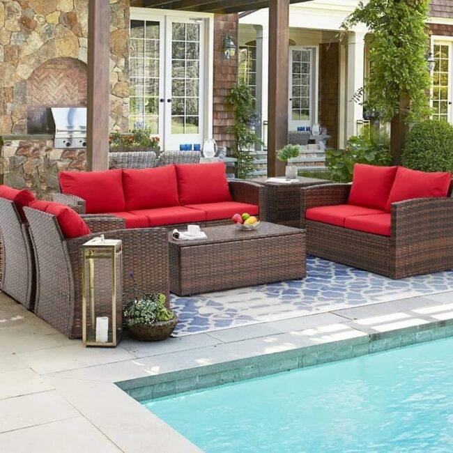 DEVOKO 7-Seater Wicker Sectional Sofa (Dark Brown/Red) - Image 4