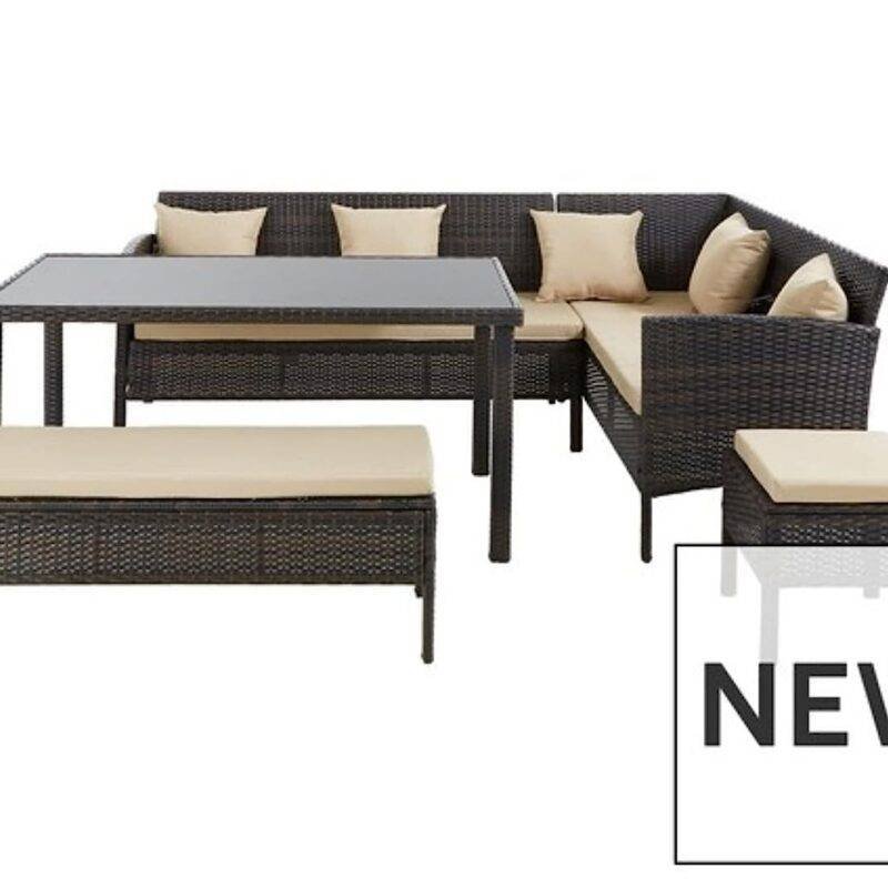 DEVOKO Outdoor Patio Furniture Set with Dining Table, Chairs, and Ottoman (Dark Brown & Cream) - Image 4