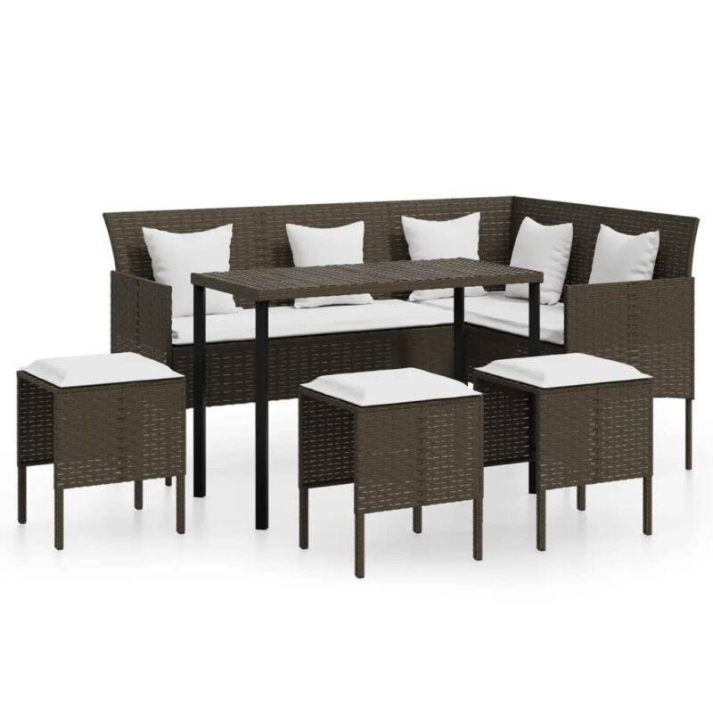 DEVOKO 6-Piece Patio Furniture Set with Dining Table - Dark Brown Rattan/White Cushions - Image 4