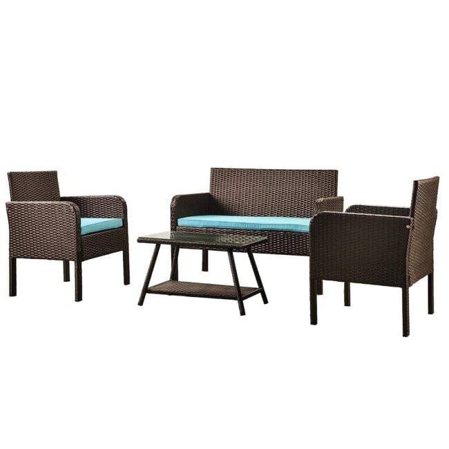 DEVOKO 4PCS Patio Wicker Furniture Set (Dark Brown & Sky-blue) - Image 4