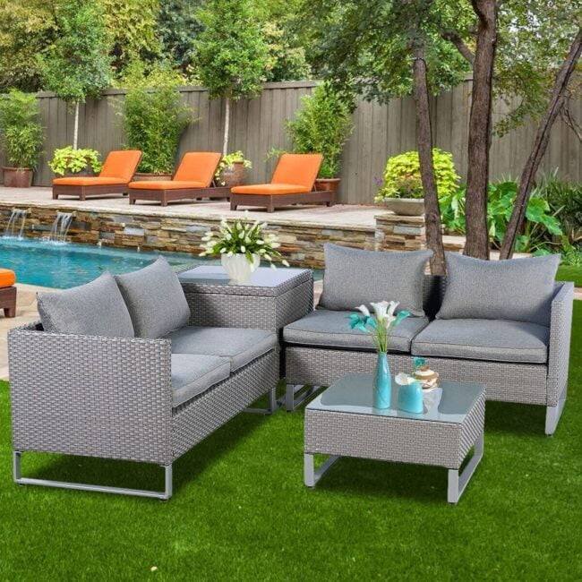 DEVOKO Rattan 4-Seater Sofa Set (Grey) - Image 5