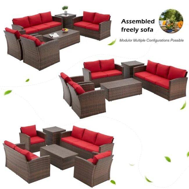 DEVOKO 7-Seater Wicker Sectional Sofa (Dark Brown/Red) - Image 5